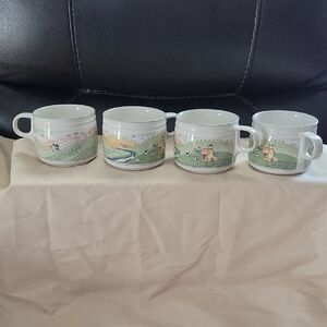 Scenic Farmhouse Mug Set - Green and White set of 4